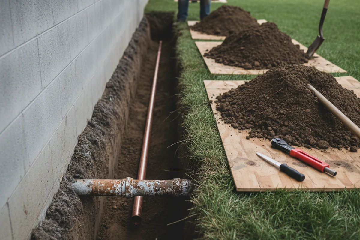 Excavated water line trench during Sewer Line Repair in Beach Haven